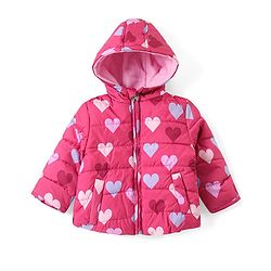 Babyhug Woven Full Sleeves Front Open Padded Hooded Jacket with Hearts Print - Pink