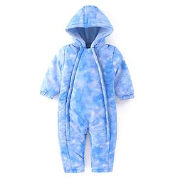 Babyhug Woven Full Sleeves Winter Wear Hooded Romper with Snowflake Print -  Blue