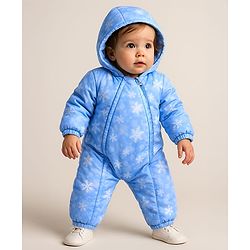 Babyhug Woven Full Sleeves Winter Wear Hooded Romper with Snowflake Print -  Blue