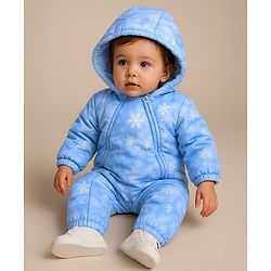 Babyhug Woven Full Sleeves Winter Wear Hooded Romper with Snowflake Print -  Blue