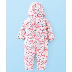 Babyhug Woven Full Sleeves Winter Wear Hooded Romper with Floral Print - Pink