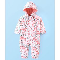 Babyhug Woven Full Sleeves Winter Wear Hooded Romper with Floral Print - Pink