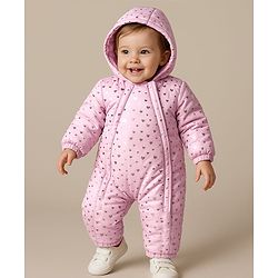 Babyhug Full Sleeves Hooded  Winter Romper Hearts Foil Print - Pink
