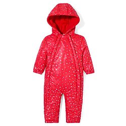 Babyhug Full Sleeves Hooded  Winter Romper Star Foil Print - Red