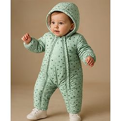 Babyhug Full Sleeves Hooded  Winter Romper Hearts Foil Print - Sea Green