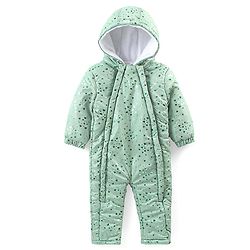 Babyhug Full Sleeves Hooded  Winter Romper Hearts Foil Print - Sea Green