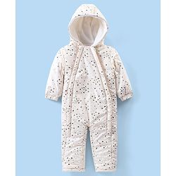 Babyhug Full Sleeves Hooded  Winter Romper Hearts Foil Print - White