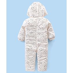 Babyhug Full Sleeves Hooded  Winter Romper Hearts Foil Print - White