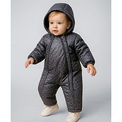 Babyhug Full Sleeves Hooded  Winter Romper Hearts Print - Black