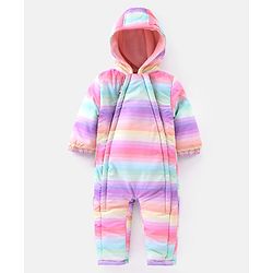 Babyhug Woven Full Sleeves Winter Wear Hooded  Striped Romper - Multicolour