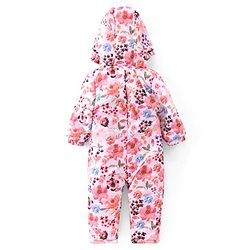 Babyhug Woven Full Sleeves Winter Wear Hooded Romper with Floral Print - Multicolour
