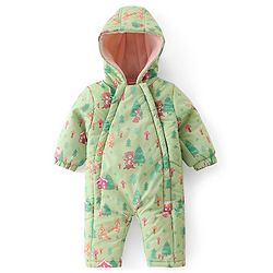 Babyhug Woven Full Sleeves Hooded   Winter Romper with Zipper Christmas Theme - Limegreen