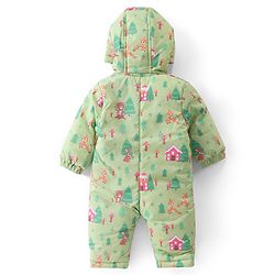 Babyhug Woven Full Sleeves Hooded   Winter Romper with Zipper Christmas Theme - Limegreen