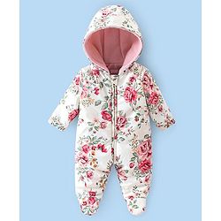 Babyhug Woven Full Sleeves Hooded Romper Floral Print - White