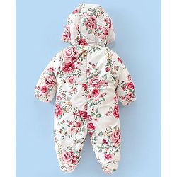 Babyhug Woven Full Sleeves Hooded Romper Floral Print - White