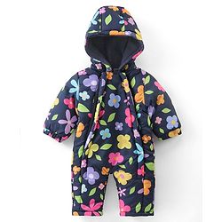 Babyhug Woven Full Sleeves Hooded Romper With Floral Print - Navy Blue
