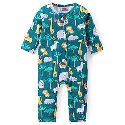 Babyhug 100% Cotton Knit Full Sleeves Romper Animal Print - Dark Green