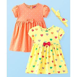Babyhug Single Jersey Knit Half Sleeves Polka Dot & Heart Printed Frocks With Bow Applique & Headband Pack of 2 - Orange & Yellow