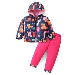 Babyhug Woven Full Sleeves Hooded Puffer Winter Wear Suit With Animals Print - Navy