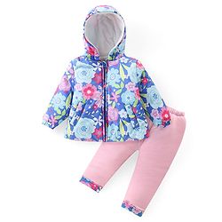 Babyhug Woven  Full Sleeves Hooded Puffer Winter Wear Suit With Floral Print - Multicolor