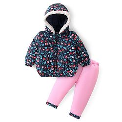 Babyhug Woven Full Sleeves Hooded Puffer Winter Wear Suit With Floral Print - Blue