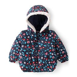 Babyhug Woven Full Sleeves Hooded Puffer Winter Wear Suit With Floral Print - Blue
