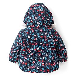 Babyhug Woven Full Sleeves Hooded Puffer Winter Wear Suit With Floral Print - Blue