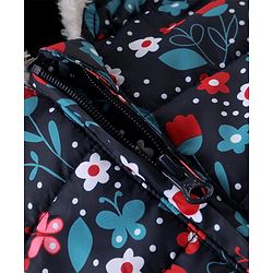 Babyhug Woven Full Sleeves Hooded Puffer Winter Wear Suit With Floral Print - Blue