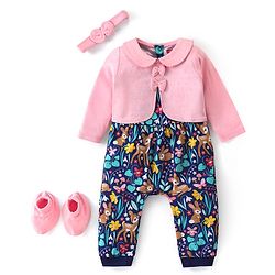 Babyhug 100% Interlock Cotton Knit Full Sleeves Romper With Booties & Headband With Bow Detailing - Multicolour