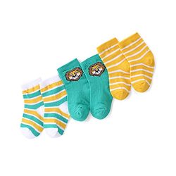 Cute Walk by Babyhug Ankle Length Antibacterial Knitted Striped & Lion Design Socks Pack Of 3 - Green & Yellow