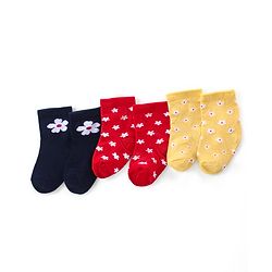 Cute Walk by Babyhug Ankle Length Antibacterial Knitted Floral Design Socks Pack Of 3 - Blue Red & Yellow
