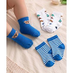 Cutewalk by Babyhug Cotton Lycra Anti-Bacterial Ankle Length Socks with Stripes & Teddy Bear Design Pack of 3 - Blue & White