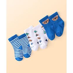 Cutewalk by Babyhug Cotton Lycra Anti-Bacterial Ankle Length Socks with Stripes & Teddy Bear Design Pack of 3 - Blue & White