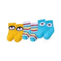 Cute Walk by Babyhug Ankle Length Antibacterial Knitted Striped & Penguin Design Socks Pack Of 3 - Blue & Yellow