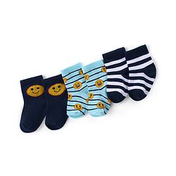 Cute Walk by Babyhug Ankle Length Antibacterial Knitted Striped & Smiley Design Socks Pack Of 3 - Blue