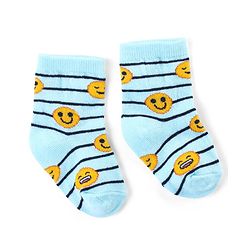 Cute Walk by Babyhug Ankle Length Antibacterial Knitted Striped & Smiley Design Socks Pack Of 3 - Blue