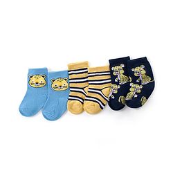 Cute Walk by Babyhug Ankle Length Antibacterial Knitted Striped & Cat Design Socks Pack Of 3 - Blue & Yellow
