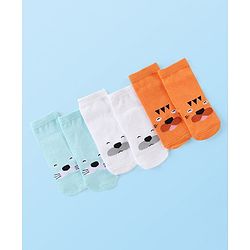 Cute Walk by Babyhug Knitted Anti-bacterial Ankle Length Animal Designed Socks Pack of 3 - White Blue & Orange