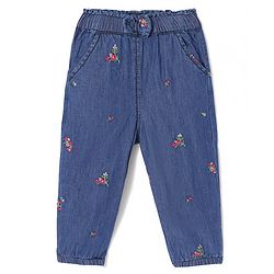 Babyhug 100% Cotton Full Length Denim Joggers with Floral Embroidery & Bow Applique - Blue