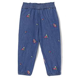 Babyhug 100% Cotton Full Length Denim Joggers with Floral Embroidery & Bow Applique - Blue