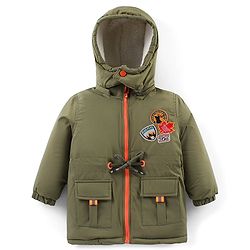 Babyhug Woven Full Sleeves Solid Jacket with Detachable Hood & Patch Detailing - Olive Green