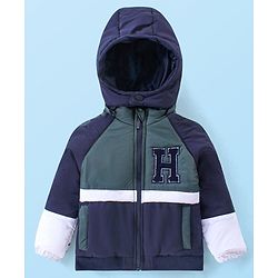 Babyhug Woven Full Raglan Sleeves Front Open Padded Hoooded Jacket With Detachable Hood Colour Block Design & Patch Detailing - Navy Blue