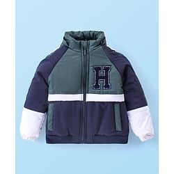 Babyhug Woven Full Raglan Sleeves Front Open Padded Hoooded Jacket With Detachable Hood Colour Block Design & Patch Detailing - Navy Blue