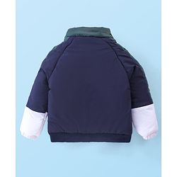 Babyhug Woven Full Raglan Sleeves Front Open Padded Hoooded Jacket With Detachable Hood Colour Block Design & Patch Detailing - Navy Blue