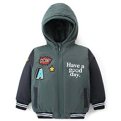 Babyhug Woven Full Sleeves Padded Hooded Jacket With Text Print & Embroidery - Green & Black