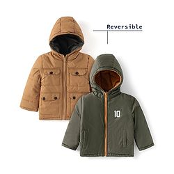 Babyhug Woven Full Sleeves Front Open Padded Hooded Reversible Jacket With Solid Colour - Brown