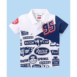 Babyhug Disney Cotton Knit Half Sleeves Polo T-Shirt with Cars Graphics - Navy Blue & White