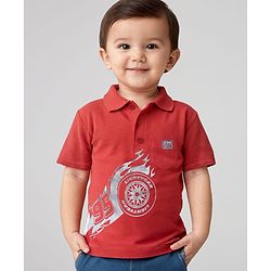 Babyhug Disney Cotton Knit Polo Neck T-Shirt With Cars Foil Print-Red