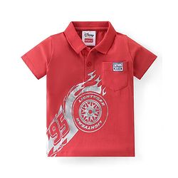 Babyhug Disney Cotton Knit Polo Neck T-Shirt With Cars Foil Print-Red