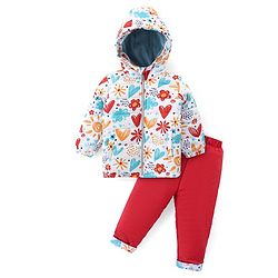 Babyhug Full Sleeves Hooded Front Zipper Padded Winter Wear Suit With Floral & Hearts Print - Multicolor